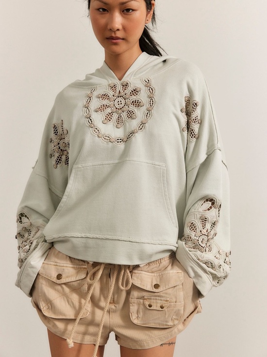 Free People Tops - Free People By the Sea Embroidered Embellished Hoodie Sweatshirt- Zephyr Blue